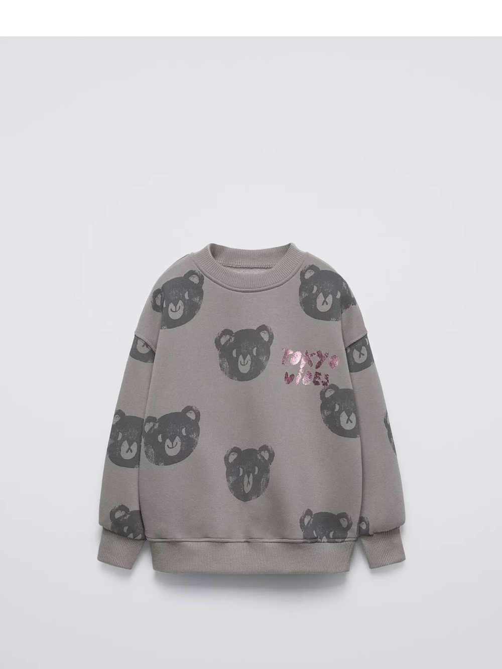 Zara: Grey Sweatshirt with Bear Print and Pink Metallic Accent-size 5T